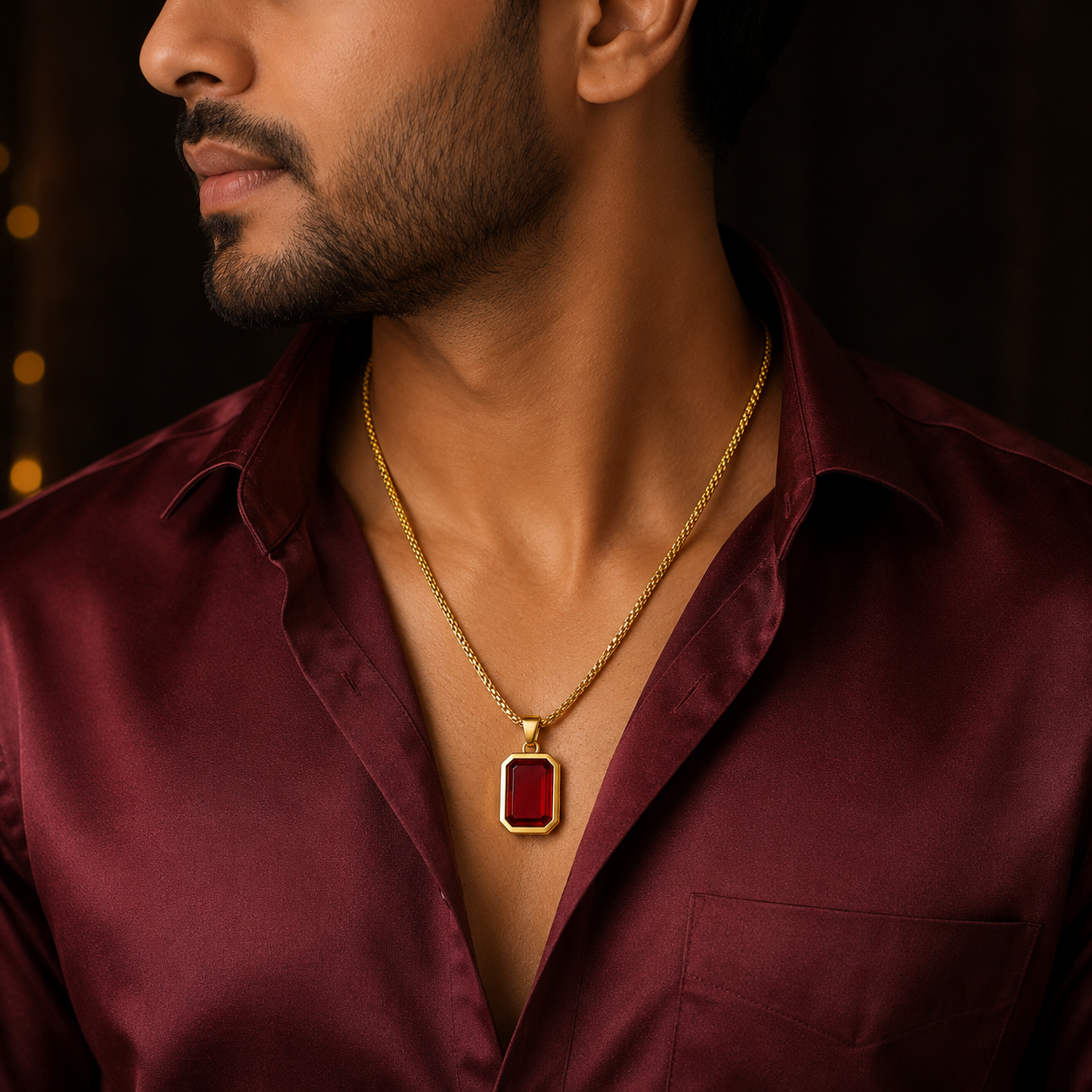 Bold Crimson Edge Pendant Close Up Gold Frame Men India UniqueJewels