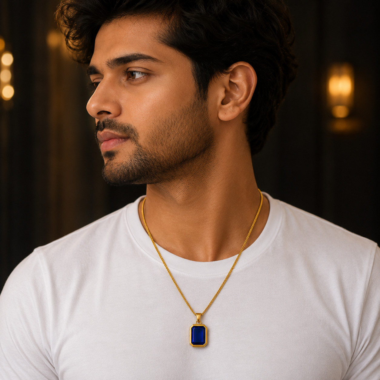 Sapphire Blue Stone Gold Plated Edge Pendant Men Daily Wear UniqueJewels