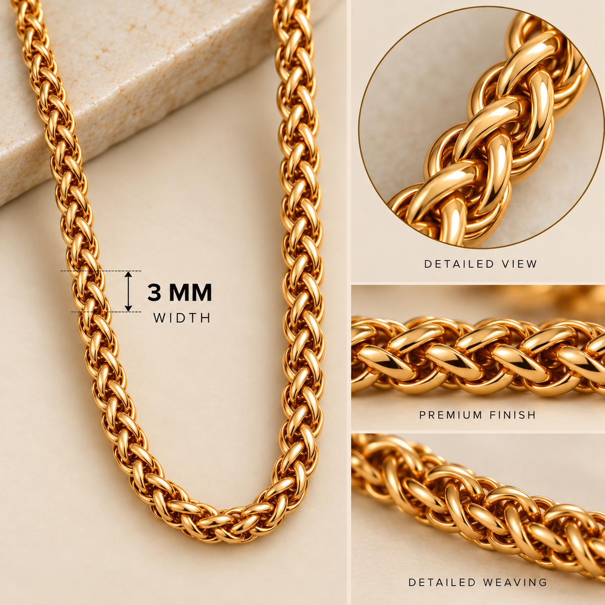 A gold-toned braided chain necklace shown on a light beige surface, with a circular inset labeled 'DETAILED VIEW,' a close-up panel labeled 'PREMIUM FINISH,' and a panel labeled 'DETAILED WEAVING.' Text also indicates a 3 mm width.