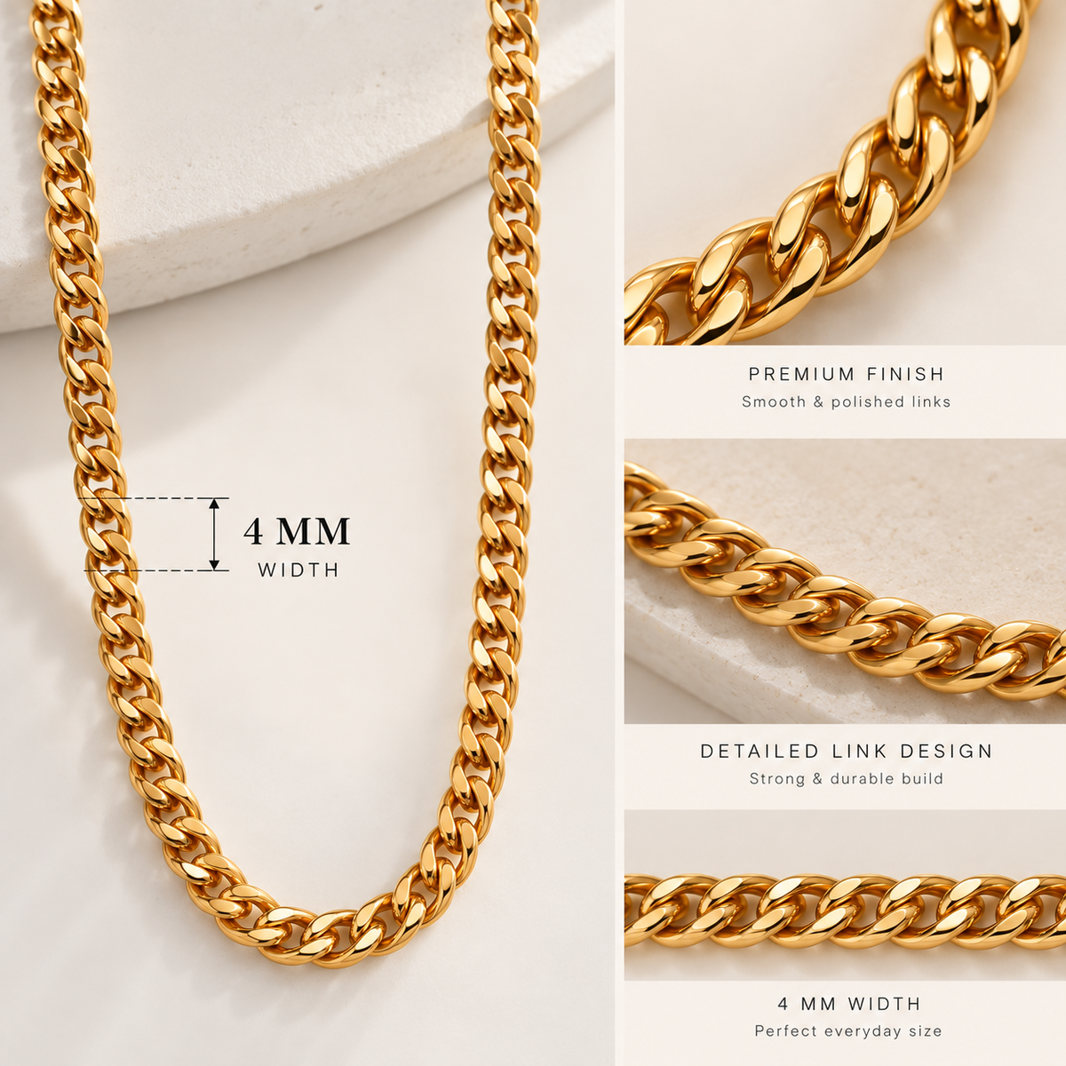 Gold-tone Cuban link chain necklace shown on a light marble surface with inset close-ups of the chain texture and text noting 4 mm width and premium finish.
