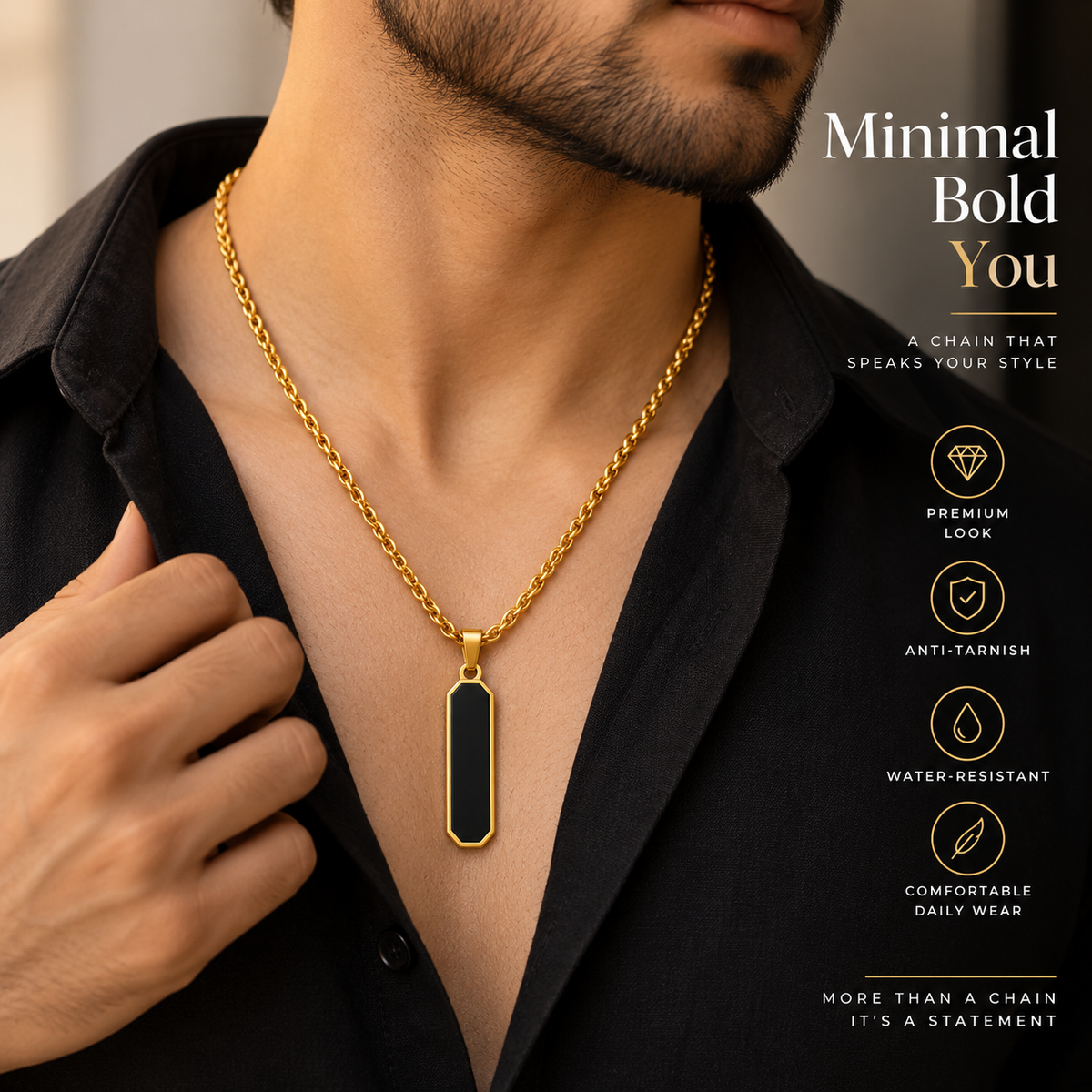 Obsidian Bar Pendant for Men – 22K Gold Plated, Anti-Tarnish