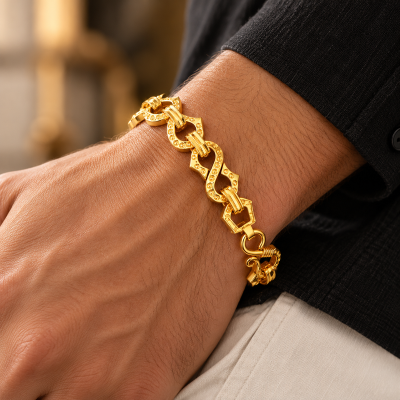 Diwali gift for men: Royal Link gold plated bracelet worn on wrist