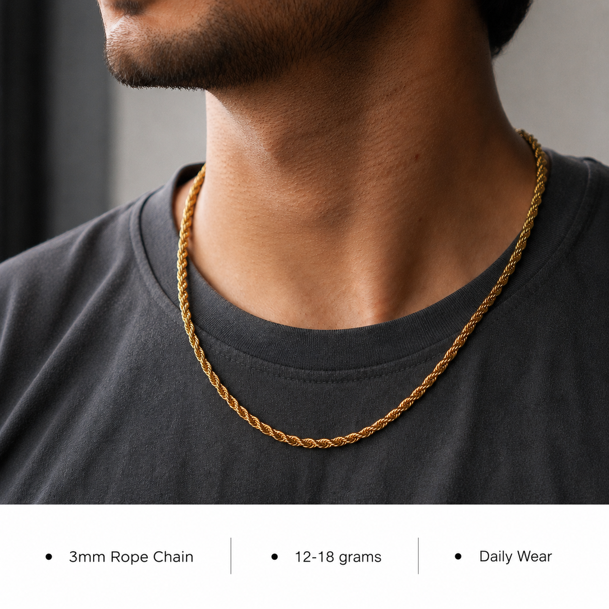 A close-up of a man wearing a thick, twisted gold rope chain necklace over a dark gray t-shirt. A white banner at the bottom contains product specifications: '3mm Rope Chain', '12-18 grams', and 'Daily Wear'.