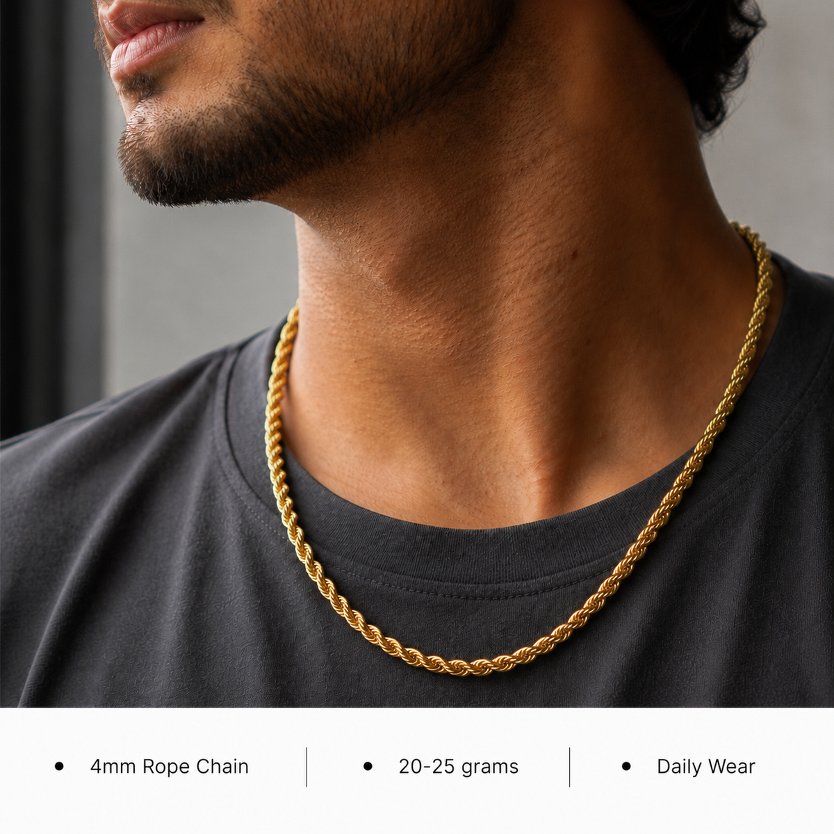 A close-up of a man wearing a thick, twisted gold rope chain necklace over a black t-shirt. A white banner at the bottom contains product specifications: '4mm Rope Chain', '20-25 grams', and 'Daily Wear'.