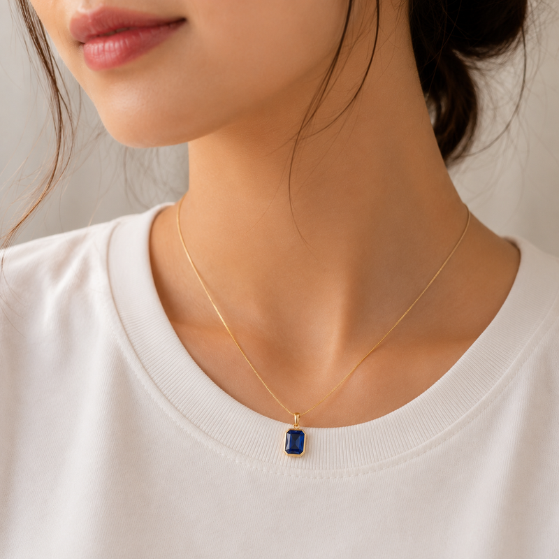 Imperial Gem Pendant Necklace – Sapphire Blue | 22K Gold Plated