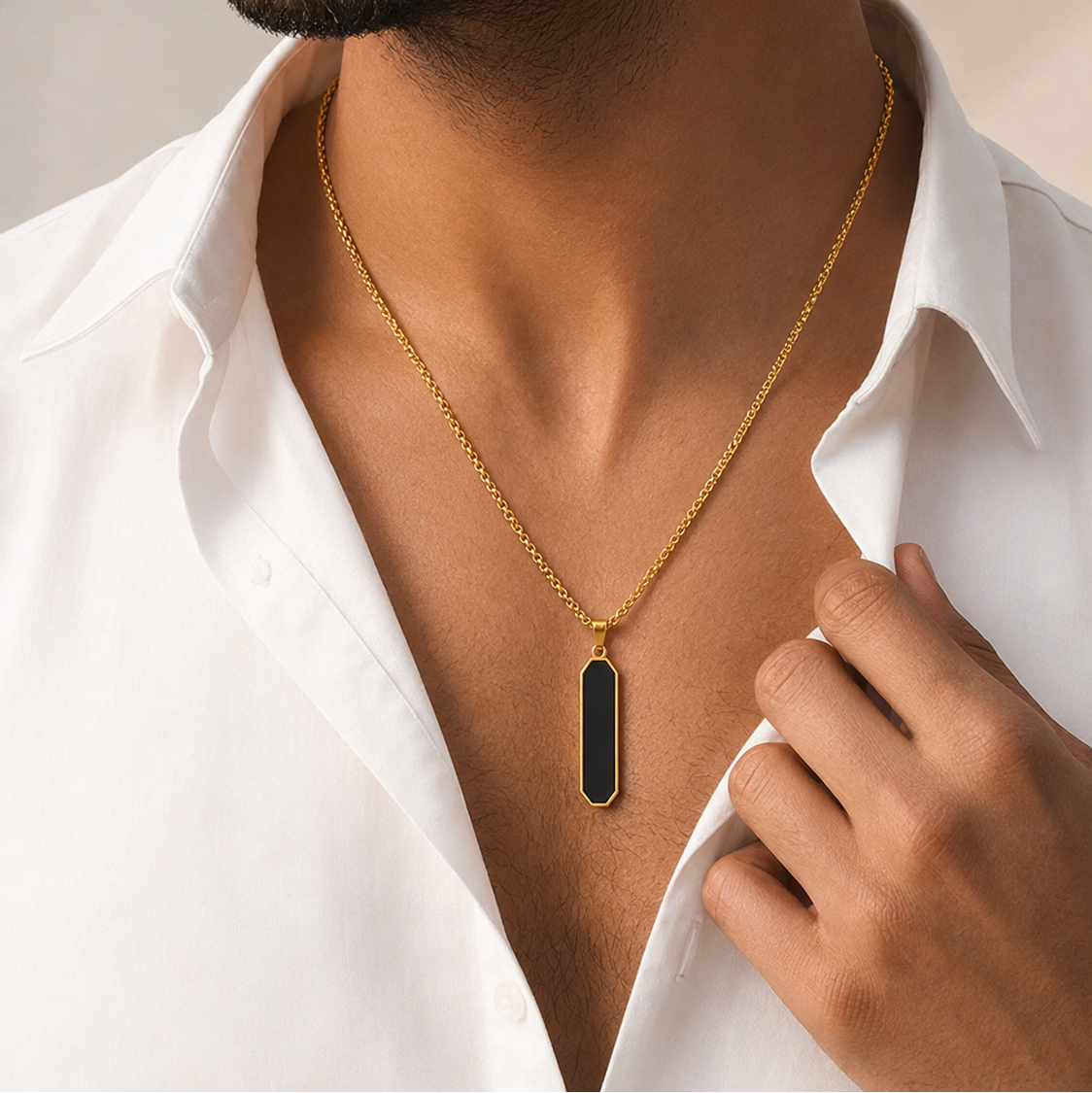 Obsidian Bar Pendant Men 22K Gold PVD Waterproof UniqueJewels India