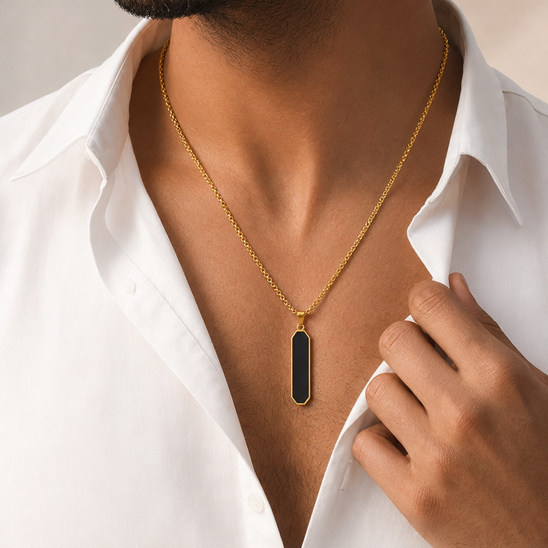Obsidian Bar Pendant for Men – 22K Gold PVD, Waterproof & Anti-Tarnish