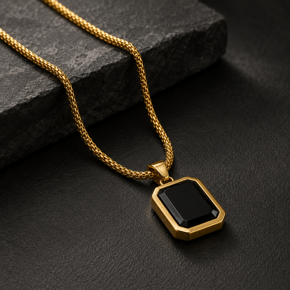 Obsidian Edge Pendant Close Up 22K Gold Frame Black Stone Men India UniqueJewels