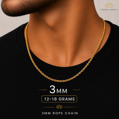A close-up of a man's neck and chest wearing a gold rope chain necklace over a black shirt. Text on the image reads '3MM 12-18 GRAMS 3MM ROPE CHAIN' and 'UNIQUE JEWELS' appears in the top right corner.