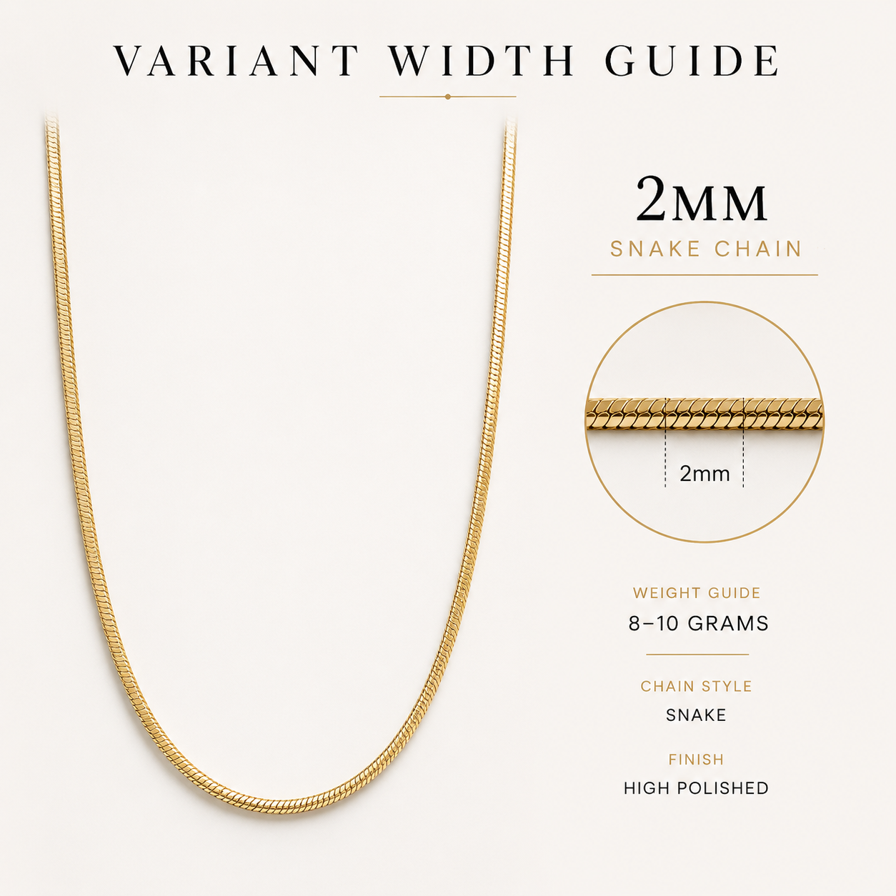 Gold snake chain necklace variant width guide showing a 2mm chain style, with a close-up circular inset of the chain texture and text listing weight 8-10 grams, chain style snake, and finish high polished.