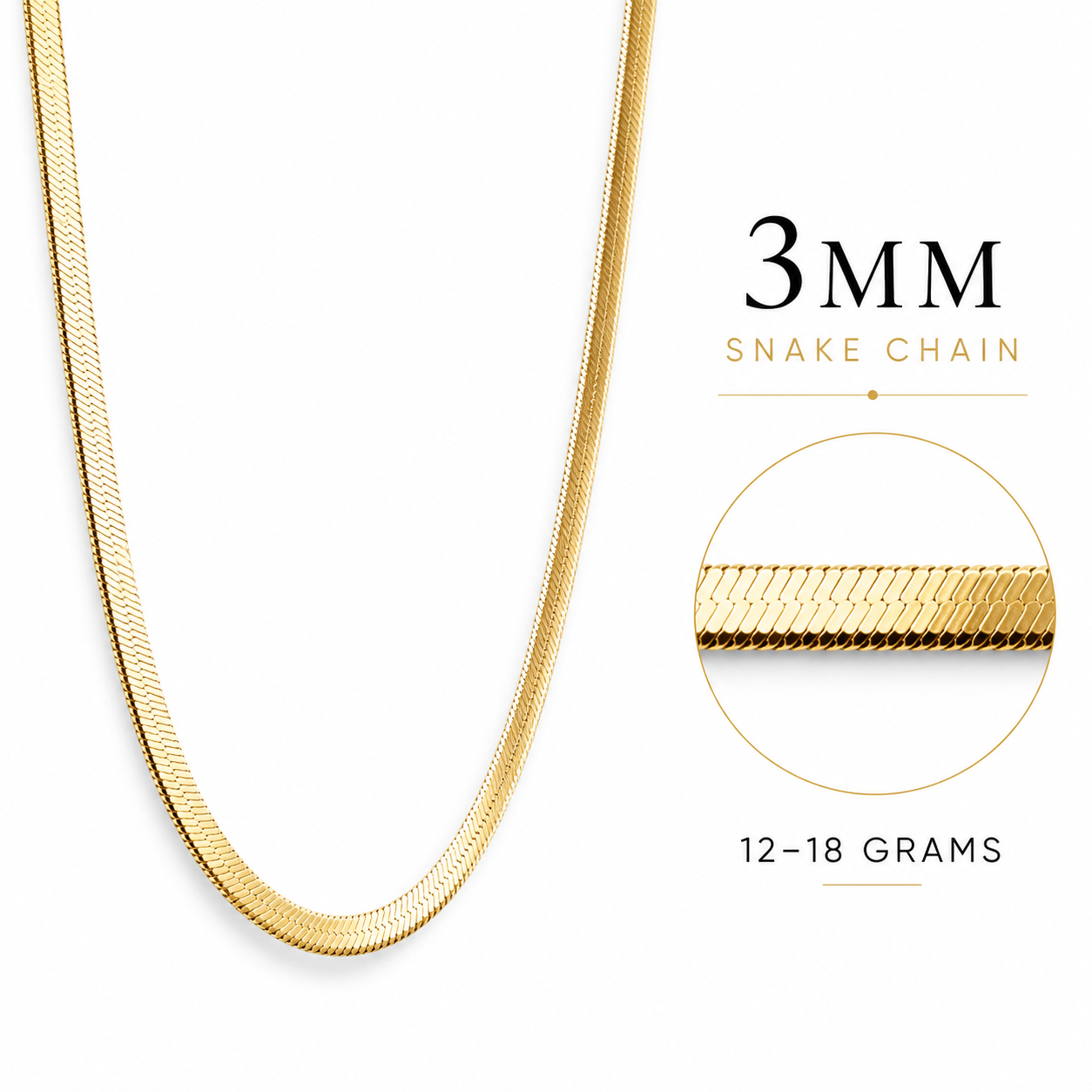 Gold snake chain necklace shown on a white background with text reading '3MM SNAKE CHAIN' and '12-18 GRAMS', plus a circular close-up inset of the chain texture.