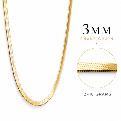 Gold snake chain necklace shown on a white background with text reading '3MM SNAKE CHAIN' and '12-18 GRAMS', plus a circular close-up inset of the chain texture.