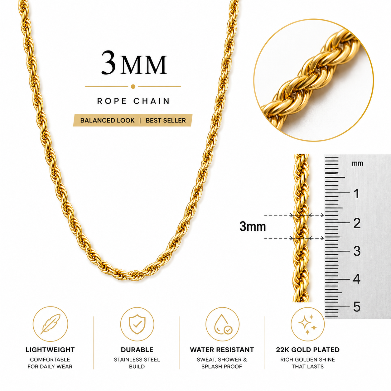 A gold rope chain necklace shown on a white background with product text, a close-up circular inset of the chain texture, a millimeter ruler marking 3mm, and feature icons for lightweight, durable, water resistant, and 22K gold plated.