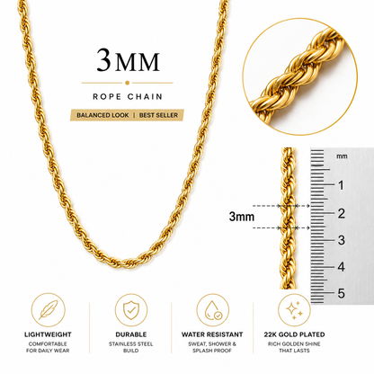 A gold rope chain necklace shown on a white background with product text, a close-up circular inset of the chain texture, a millimeter ruler marking 3mm, and feature icons for lightweight, durable, water resistant, and 22K gold plated.