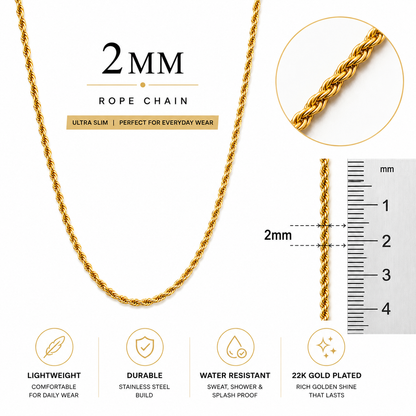 Gold rope chain necklace shown on a white background with a close-up inset, a 2mm measurement callout, and feature icons for lightweight, durable, water resistant, and 22K gold plated.