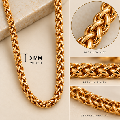 A gold-toned braided chain necklace shown on a light beige surface, with a circular inset labeled 'DETAILED VIEW,' a close-up panel labeled 'PREMIUM FINISH,' and a panel labeled 'DETAILED WEAVING.' Text also indicates a 3 mm width.