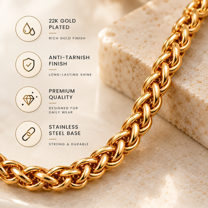 A close-up of a gold-toned chain necklace draped over a light stone surface, with four feature callouts on the left reading '22K Gold Plated,' 'Anti-Tarnish Finish,' 'Premium Quality,' and 'Stainless Steel Base.'.
