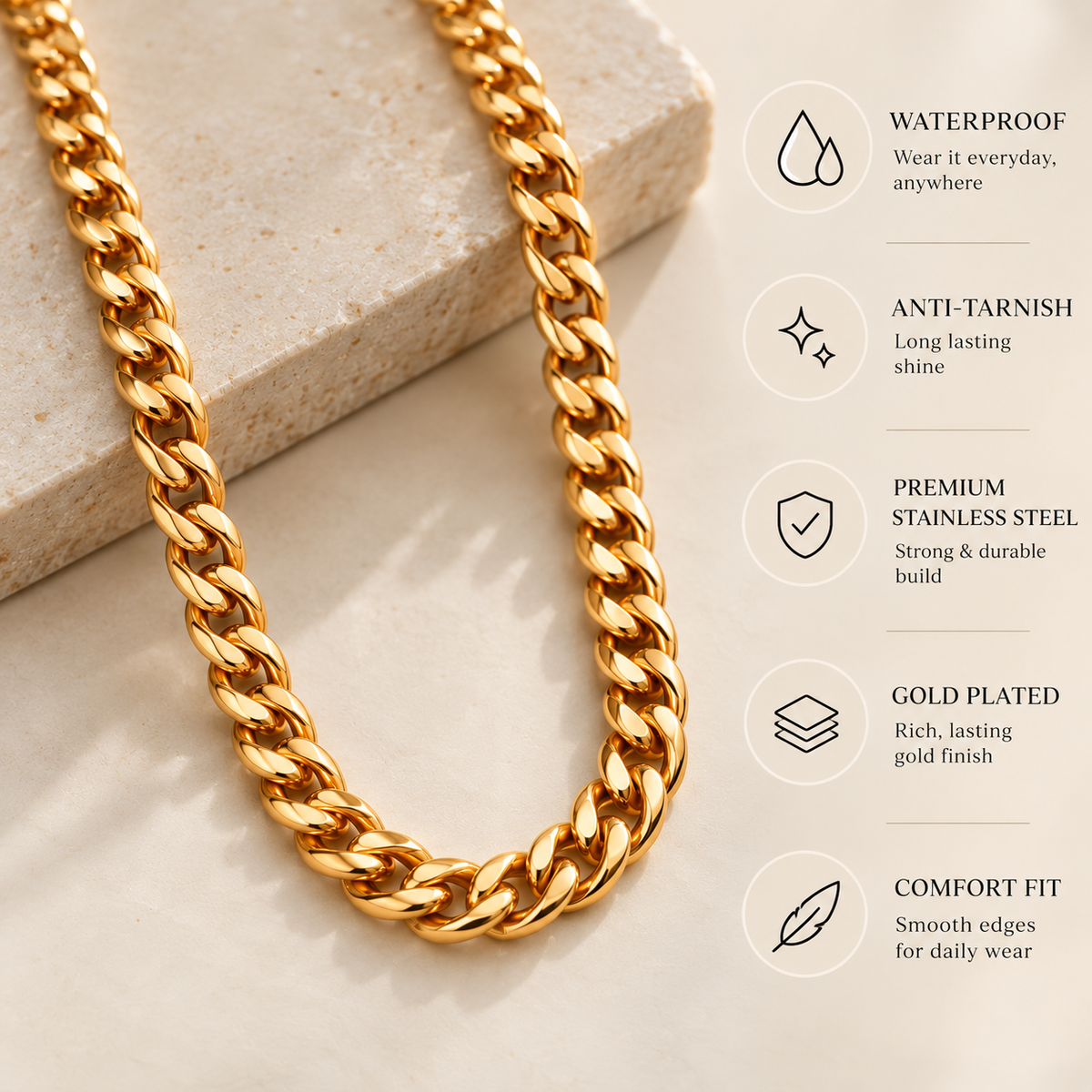 A close-up of a gold-toned Cuban link chain necklace draped over a light stone slab, with feature callouts on the right listing waterproof, anti-tarnish, premium stainless steel, gold-plated, and comfort fit benefits.