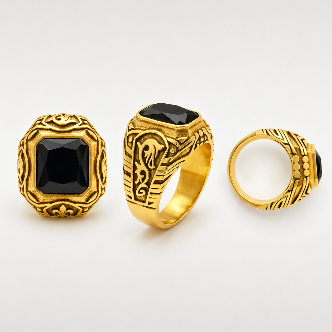 Ornate Gold & Black Onyx Signet Ring