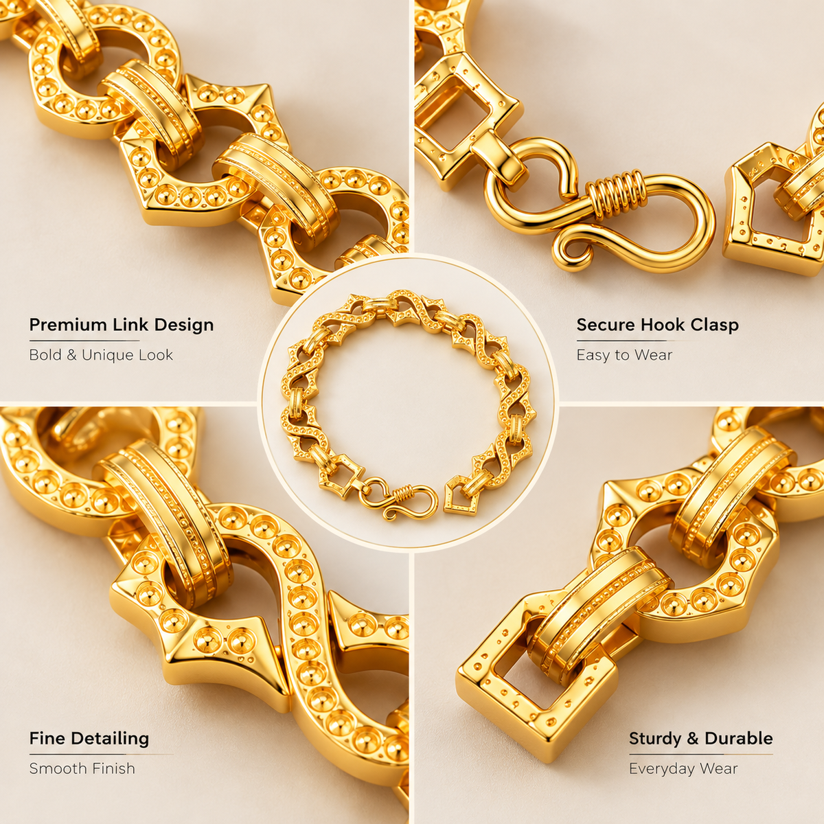 Royal Link gold bracelet detail collage showing geometric link design