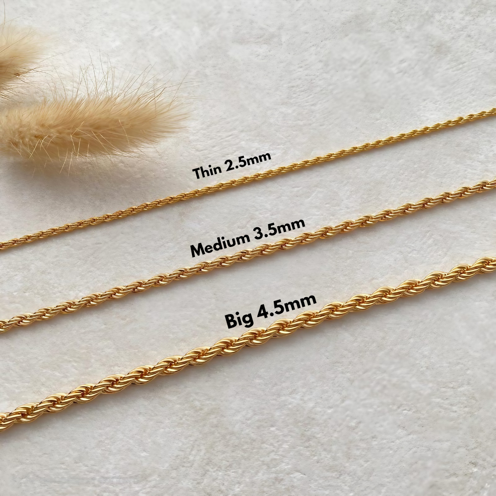 Rope Chain in 3 Sizes – 18K Gold Plated (2.5mm / 3.5mm / 4.5mm)