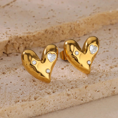 Diamond Heart Stud Earrings for Women – 18K Gold Plated, Anti-Tarnish