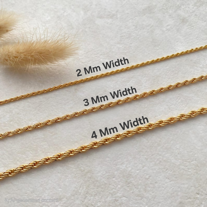 Rope Chain in 3 Sizes – 22K Gold Plated (2 mm / 3mm / 4mm)